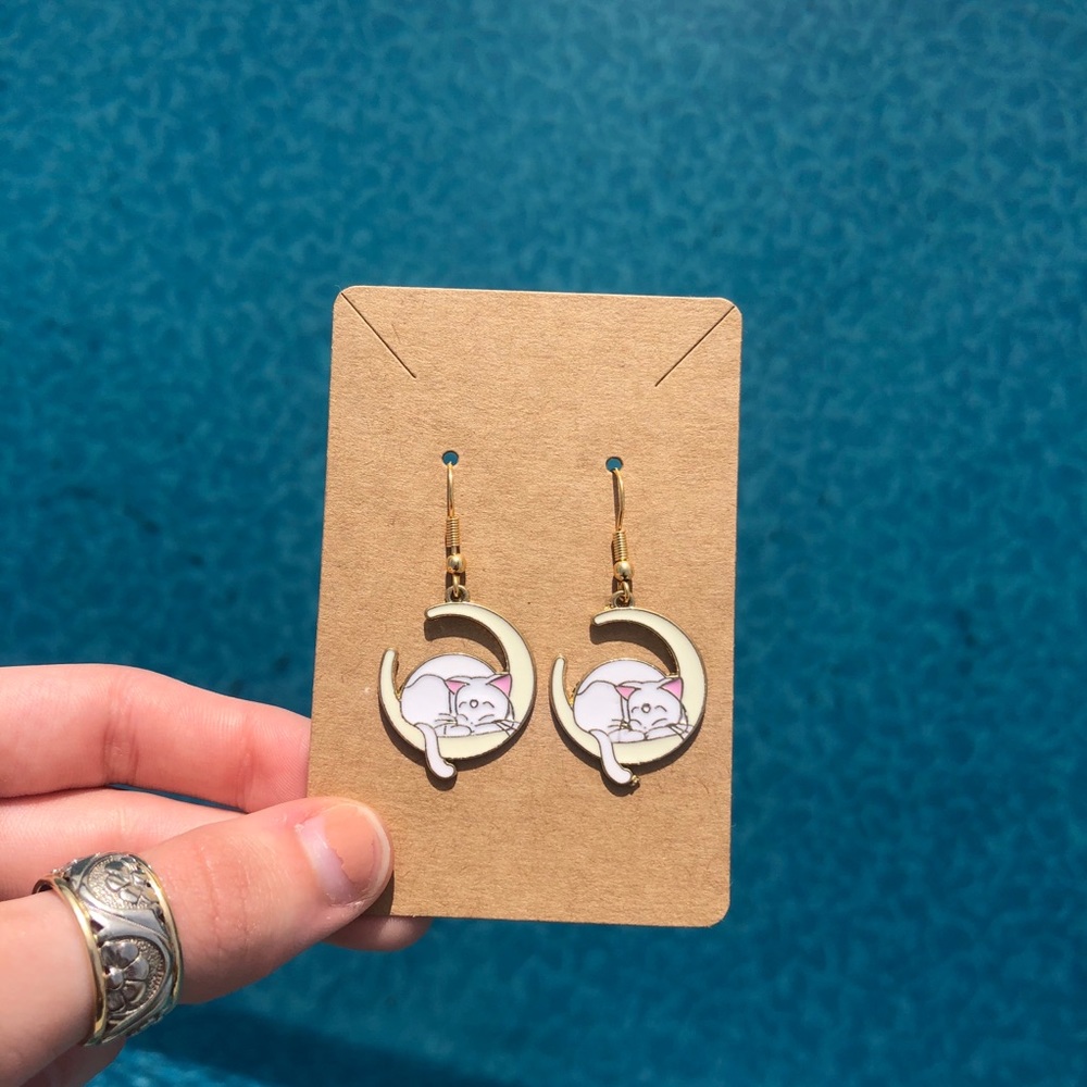 Handmade Cat & Moon Earrings